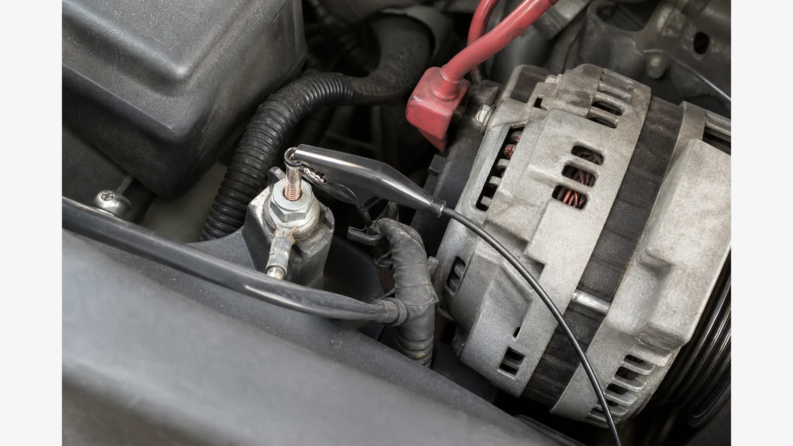 Oscilloscope probe connection near an alternator B-plus terminal for ripple testing