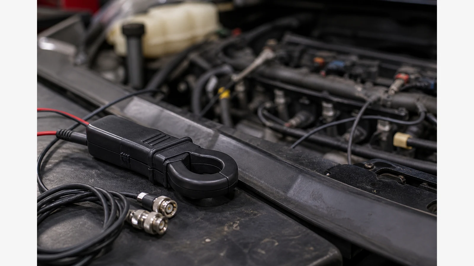 Automotive scope leads and current clamp prepared for injector waveform testing