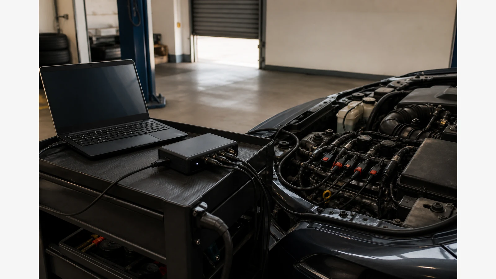 USB automotive oscilloscope on a UK workshop trolley near engine ignition coils
